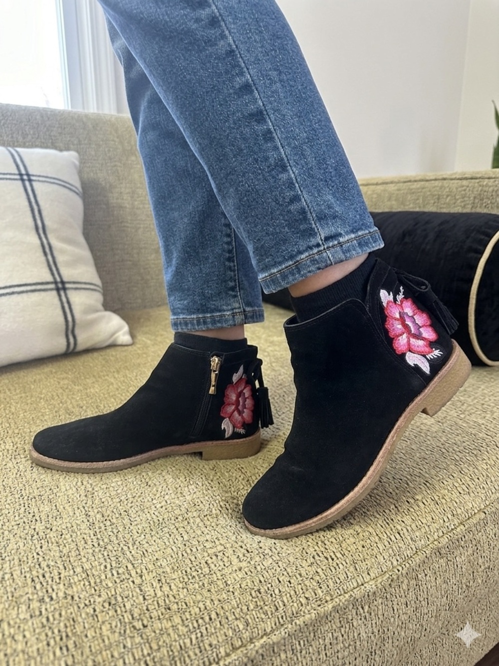 Kate Spade Black Suede Ankle Boots with Pink Floral Embroidery Size 6